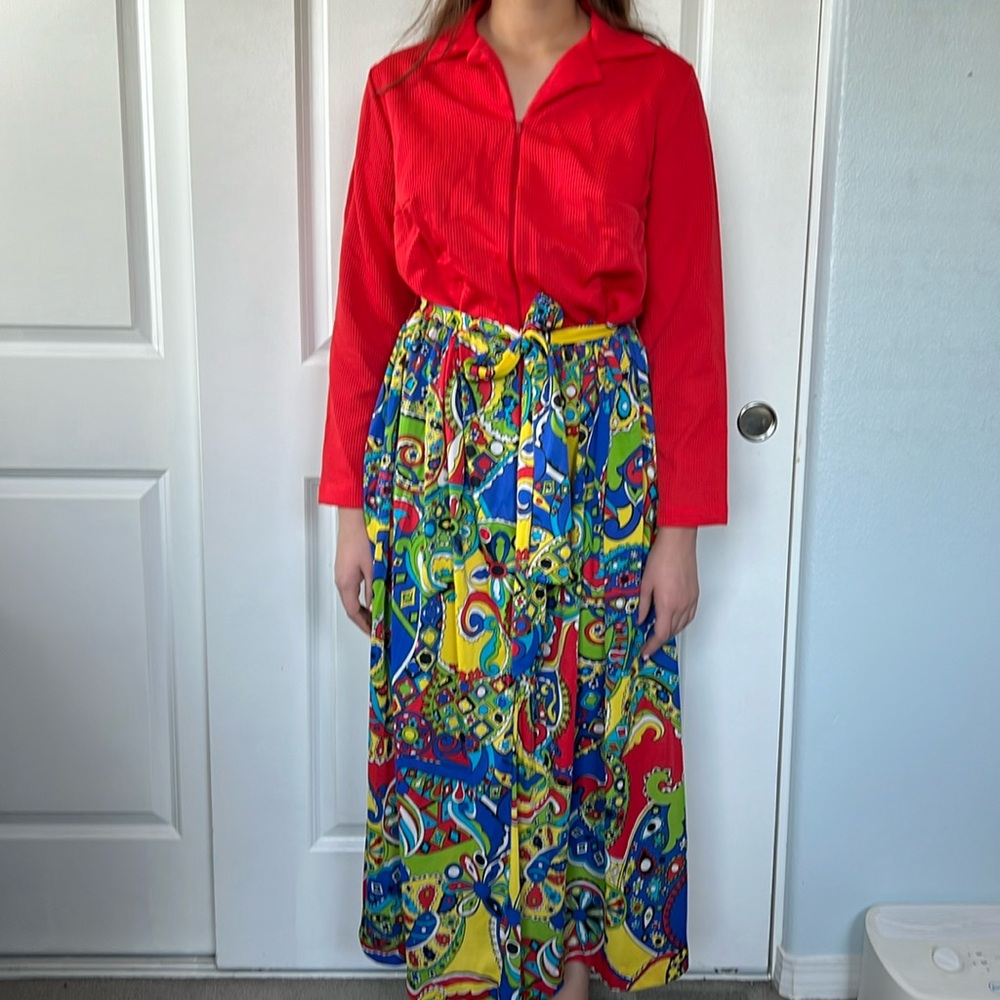 vtg 60s 70s JC Penney’s red zip front belted maxi dress loungewear psychedelic